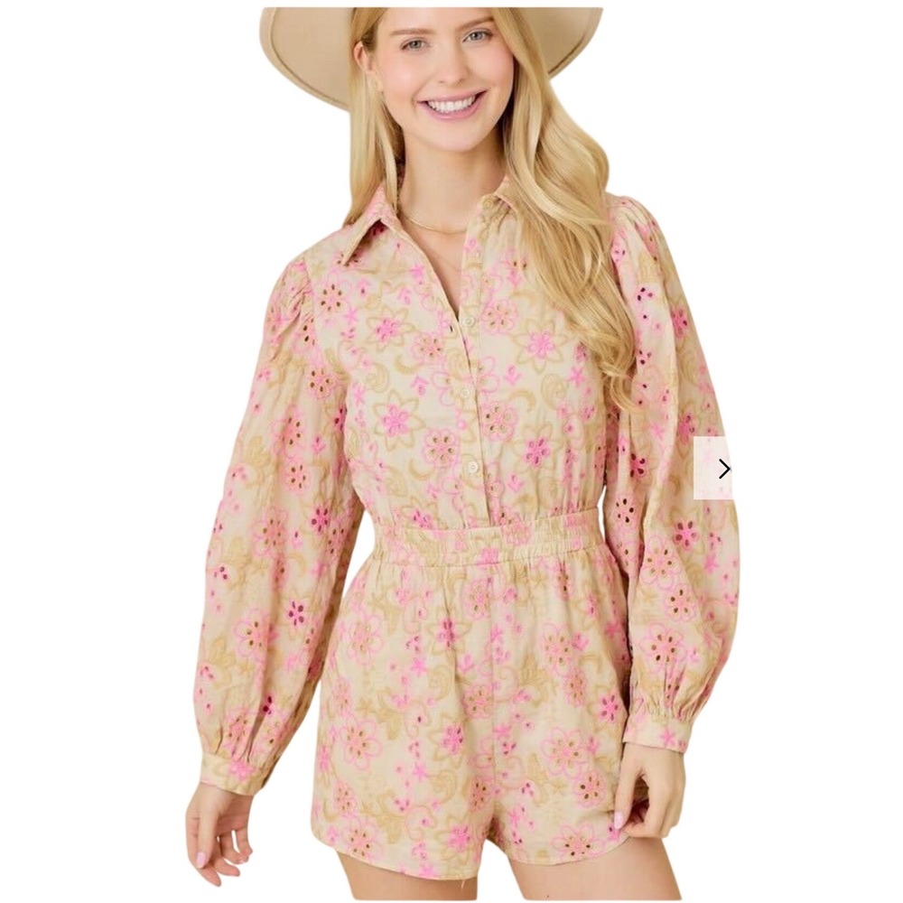 Mainstrip Pink Tan Floral Eyelet Long Sleeve Boho Romper CottageCore Cotton L